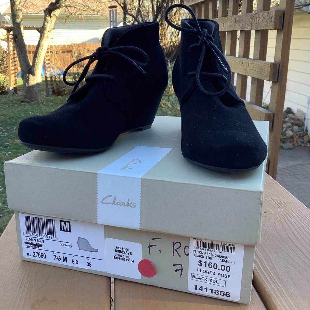 - Clarks Flores Rose black suede wedge heel ankle boots US 7.5 M NWT
